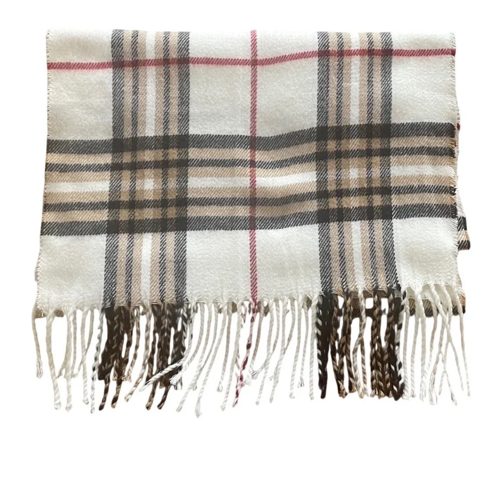 100% Cashmere Plaid Scarf Made in Scotland Cream Tan Black Check Fringe Trim